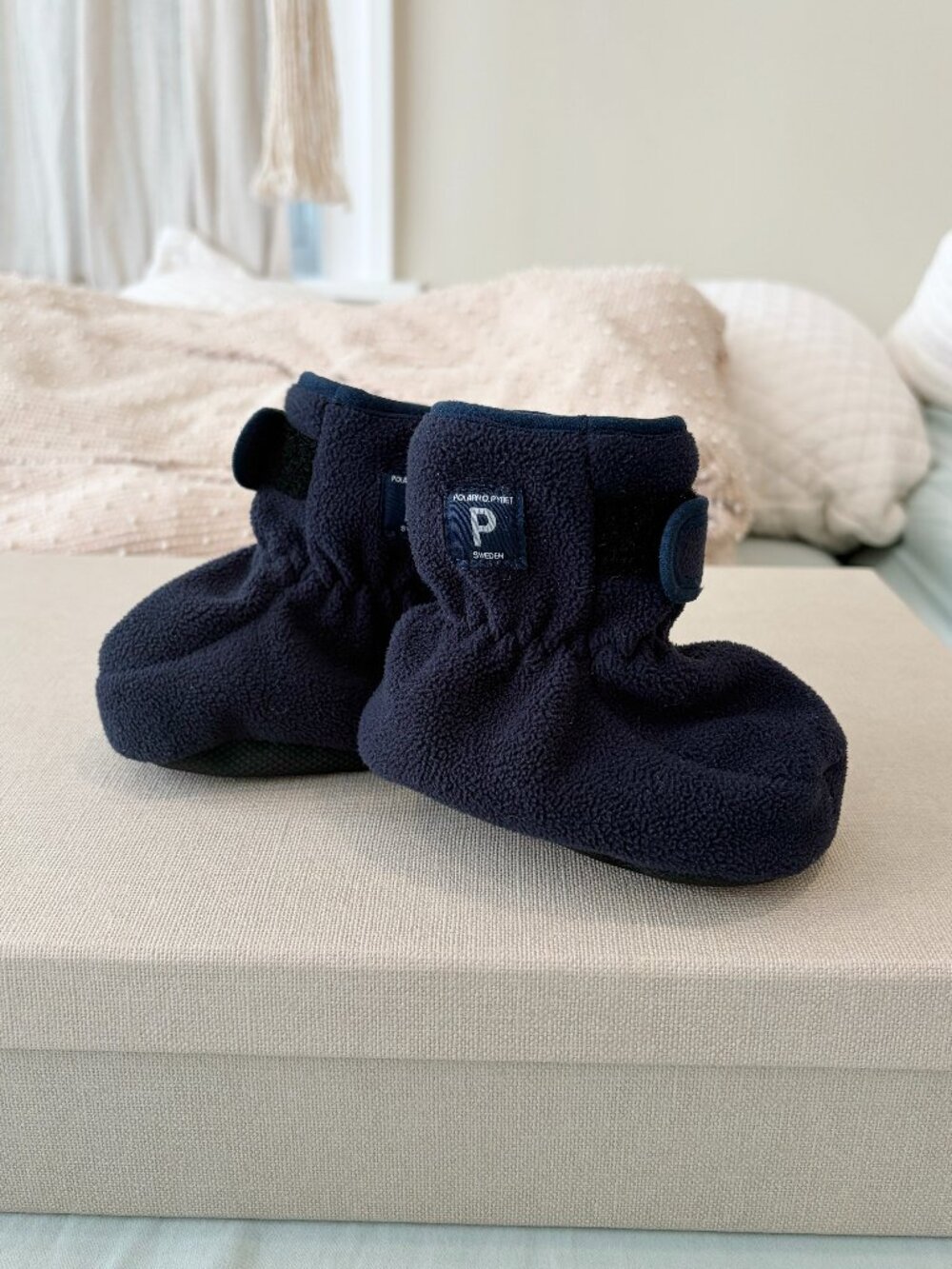 Polarn O. Pyret Velcro Fleece Navy Blue Booties, Size 4-9 Months
